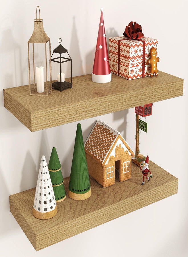 Venusmiles Floating Shelves for Wall, Engineered Wood Wall Shelves with Invisible Brackets for Living Room Bedroom Bathroom Office Kitchen Decor and Storage (Oak, 24" W x 9" D x 1.5" H) Set of 2 - Image 1
